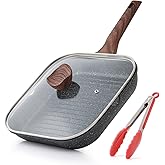 Kordisen Nonstick Skillet with Lid for Stovetops, 11" Square Skillet for Indoor Cooking, Granite Coated Skillet with Pour Spo