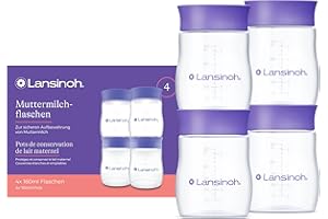 Lansinoh Muttermilchflaschen, 4 x 160 ml - zur sicheren Muttermilch Aufbewahrung - neues kompaktes Design für verbesserte Stabilität - mit stapelbarem Deckel