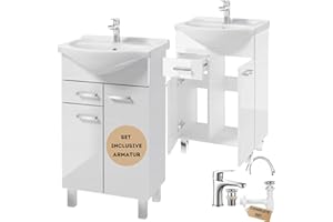 .Deftrans Umywalka z szafką pod umywalkę stojącą, zestaw mebli łazienkowych, 85 x 55 x 30 cm, biała, wysoki połysk, szafka pod umywalkę z umywalką i armaturą z wtyczką zatrzaskową, szafka łazienkowa