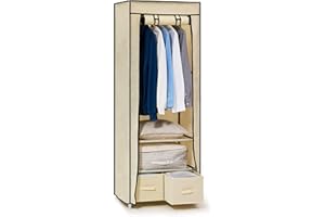 Hododou Canvas Wardrobe Fabric Wardrobe for Bedroom 160 x 59 x 43CM Portable Closet with 2 Drawers and Hanging Rail, for Living Room, Dormitory, Fabric Closet for Clothes, Bags, Toys, Shoes, Beige