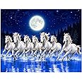 ArtX Canvas Big Size 7 Horses Vastu Frame Wall Art Painting, White Running Horses at Night Moon with Blue Background On Water Painting Vastu Wall Decor, Multicolor, Nature, 58.0 X 45.0 cm, Set of 1