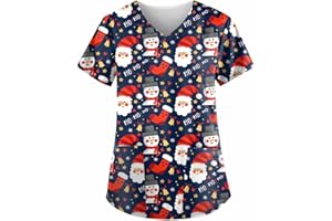TOPASSION Womens Christmas Scrubs Tops Short Sleeve V Neck Uniform Cartoon Breathable Beauty Uniform Plus Size Medical Slim Fit Blouse Hospital Healthcare Work Shirt UK