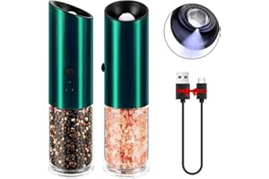 Vzaahu Electric Salt and Pepper Grinder Set of 2, Rechargeable USB, Adjustable Coarseness, Green Color, Battery Operated, Electrical Spice Mills Shaker with Light