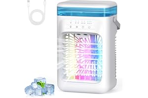 SWGOTA Aire Acondicionado Portatil Mini, 5 en 1 Enfriador de Aire Pequeño, Tanque de 1000m, 3 Velocidades, 2 Nebulización, 2-4H Cronometrado, 7 LED Ventilador Refrigerador para Dormitorio Oficina