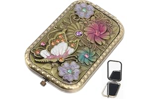 Cisixin Miroir de Maquillage Vintage, Mini Miroir Cosmétique Pliant Double Face, Miroir à Main, Miroir Métal Compact Portable