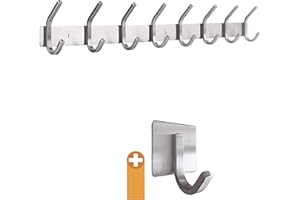 smartpeas Appendiabiti A Parete Attaccapanni Muro - Acciaio Inox Spazzolato -60X8X4Cm- Porta 30Kg - 8 Ganci +Plus: 1 Ganci Autoadesivi