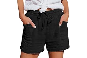 NUOKE Shorts Damen 2025 Sommer Leinen Musselin Kurze Hose Beach Mit Taschen Mode Lässige Stoffhose Freizeit Stretch Gerades Bein Kordelzug Leinenhose