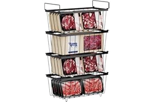 TECKZOON 4 recipientes organizadores para congelador, cesta de metal apilable para congelador, cestas de alambre con asa y base antideslizante