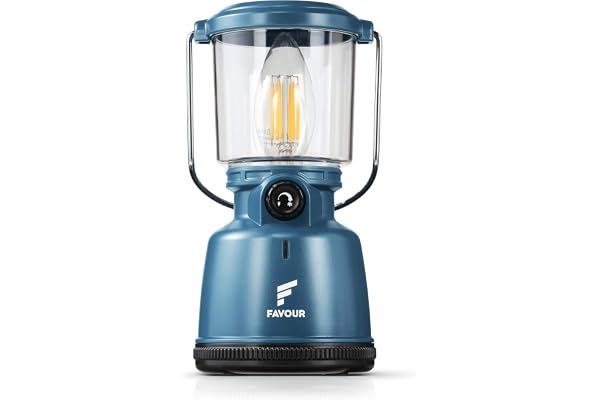 Favour Lampe LED Camping Rechargeable USB (inclus batterie), Style Retro | Lanterne exterieur 320 Lumens, Réglable en continu, Mode Éclairage Bougie, IP64 Étanche | Lampe de tente, crochet intégré