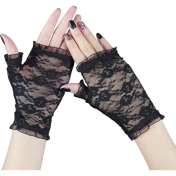 Women's Black Lace Fingerless Short Gloves - Gothic, Christmas, Fancy Dress Party