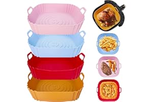 SHEPIN Teglia per Friggitrice ad Aria 22.5CM - 4 Pezzi Contenitori in Silicone Piazza, Reusable Cestino per Friggitrice, Cestini Pot