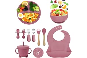 Bizcasa Coffret Repas Bebe Silicone,11 Pièces Assiette Ventouse pour Bébé Assiettes,Couverts pour Enfants Sans BPA,Bols,Dossards,Cuillères,Fourchettes,Gobelets à Boire,Assiette de Diner