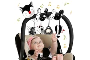 Kulveanju Espiral Carro Bebe Juguetes 6-12 Meses, Actividades Bebe Carrito Juguetes Colgantes con Música y Sonajero, Sensoriales 0-6 Meses, Juguetes de Asiento de Coche de Bebé, Zorro Blanco y Negro