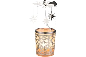 MaMeMi Farolillo navideño/Vela de té para Navidad de Vidrio con carrusel, [Motivo de Estrellas], Altura Total de 15 cm - [Vela de té incluida]