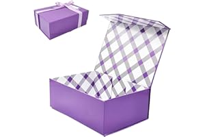 Tekhoho Caja de Regalo Púrpura, Magnética Cajas Regalo con Tapa, Caja de Regalo Vacia con Lazo y Tarjeta, Caja Plegables para Bodas Cumpleaños Envoltura de Presenta, Forro a Cuadros