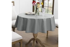 Romanstile Nappe en toile cirée ronde 140 cm, grise vinly avec ourlet, aspect lin, imperméable, nappe de jardin, imperméable, nappe de table de jardin, pour anniversaire, balcon, jardin, terrasse