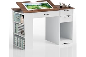 AeasyG Verstellbarer Zeichentisch - Mit 3 Schubladen & 3-stufigen Regalen, Stabile MDF-Konstruktion (50kg Tragfähigkeit) für Künstler & Home Office, 0-80° Winkelanpassung, 60x120x76cm