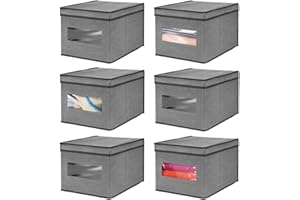 mDesign Juego de 6 Cajas de Tela – Cajas para Guardar Ropa y Otros Accesorios – Ideales como organizadores de armarios – Cajas organizadoras apilables con práctica Tapa – Gris Oscuro/Negro
