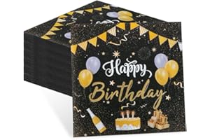 TRABAG Lot de 60 serviettes Anniversaire Ans Deco- Noir et doré - 33 x 33 cm - Happy Birthday Serviette Papier Anniversaire - Décoration homme et femme
