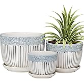GardenZeek Set of 3 Ceramic Flower Pots with Saucer, Textured Planter for Indoor Plants, Cute Garden Pots Succulent Pots