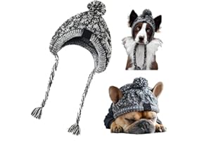 Haustier Pompom Strickmütze, FainFun Gestrickte Warm Winddicht Hundemütze, Winddichte Haustier Kopfbedeckung für Winter, Graue Gestrickte Hund Kappen, Flauschige Warme Hundehut mit Langem Zopf, S