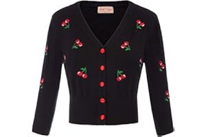 Belle Poque Women's Vintage 50s Cherries Embroidery Cardigan Sweater V-Neck 3/4 Sleeve Cropped Sweater Coat GF609