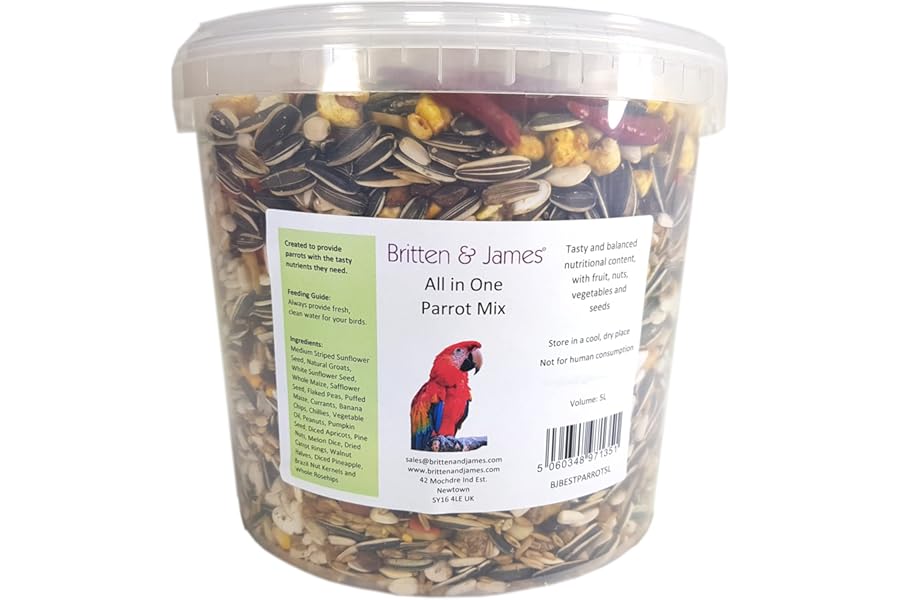 Best All In One Parrot Mix from Britten & James. 5 litre stay fresh tub. This superb mix has been created with no expense spared to be the very best balanced all in one food for your parrot