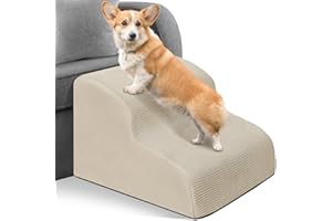 MIDOUAUTOUK Dog Ramp Stairs 2 Steps for Small Dogs and Cats Beige, Pet Dog Ladder for Sofa Bed, Dogs Cats Ladder Non-Slip Foam with Removable and Washable Plush Cover