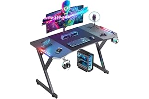 HLFURNIEU LED Bureau Gaming 120 x 60 cm, Bureau Gamer avec Plateau en Fibre de Carbone, Table Gaming avec Porte Gobelet et Crochet pour Casque, Noir