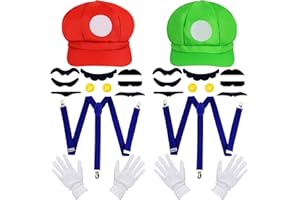 Orgoue Super Bros Kostüm, Mario Bros Mario & Luigi Hut Kappen Schnurrbärte Handschuhe Knöpfe Hosenträger Cosplay Kostüm Zubehör Für Damen Herren Kind Für Karneval