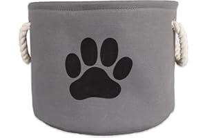 Bone Dry DII Small Round Pet Toy and Accessory Storage Bin, 12"(Dia) x9(H), Collapsible Organizer Storage Basket for Home Décor, Pet Toy, Blankets, Leashes and Food-Gray with Black Paw
