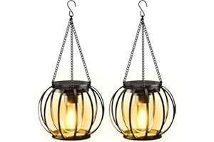 BUCASA Solarlampen für Außen Hängend, 2 Stück Metall Solar Laternen für Draußen mit Größer LED-Glühbirne, IP65 Wasserdicht Solarleuchten Gartendeko mit Haken und Kette für Terrasse Rasen Balkon Hof