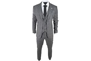 TRUCLOTHING Mens Classic 3 Piece Suit Prince of Wales Check Grey Tailored Fit Vintage Wedding