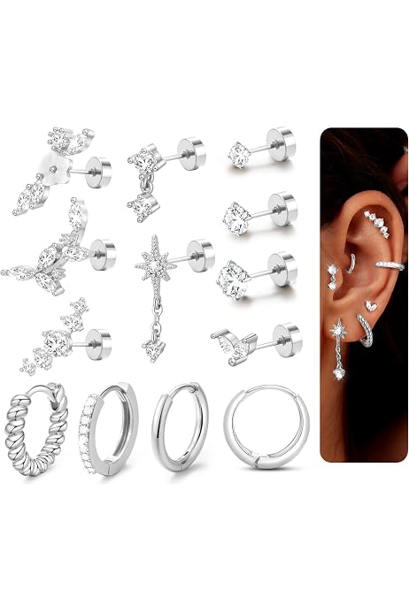 LOLIAS 7 Paia 20G Ipoallergenico Orecchini per Le Donne Gli Uomini Flatback Orecchini In Acciaio Inox Cubic Zirconia Orecchini Piercing Dell'orecchio Orecchini di Cartilagine