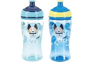 Nuby Super Slurp Water Bottle - No Spill Active Toddler Sippy Cup | 360ml / 12oz |Easy Grip | Dishwasher Safe | Suitable Beaker for 18 Months Plus (Astronauts, Pack of 2), 048526890477