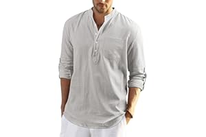 Enlision Męska codzienna bawełniana, lniana koszula z długim rękawem, typu henley, zapinana na guziki, letnia lekka koszula