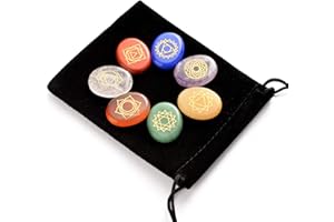 Hivexagon Natural Healing Chakra Stones, Set of 7 Worry Stones with Symbols, Reiki & Energy Healing Crystals for Meditation, Concentration, Spiritual Growth, Stress Relief