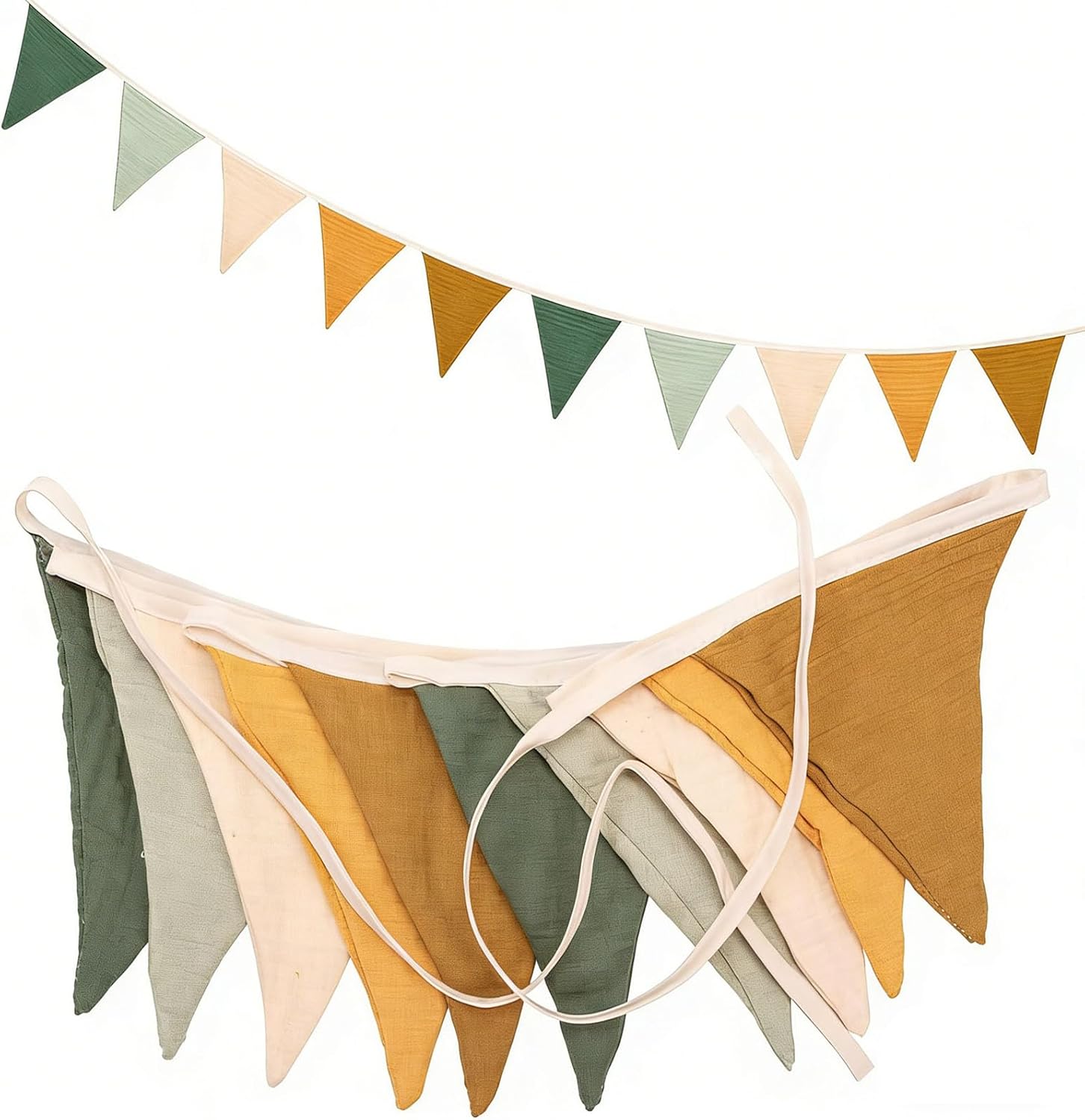 Fabric Bunting Banner, Triangle Fabric Bunting Banner, Double-Sided 2.6M Long Washable and Reusable Bunting Fabric, for Baby Baptism, Bedroom, Party, and Kindergarten Decoration(Morandi Green)