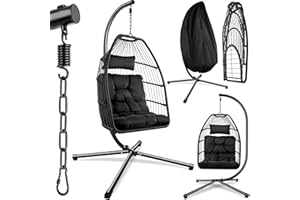 ‎TECTAKE tectake® Hängesessel mit Gestell, Dicke Kissen, Möbel, Deko für Wohnzimmer, Jugendzimmer, Balkon, Outdoor oder Indoor Schaukel Sessel, Kinder & Erwachsene, belastbar bis 160kg - schwarz