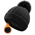 FORVEVO Winter Beanie Hats for Women Bobble Hat Thermal Layer Fleece Line with Pom Pom Wooly Hats Women for Outdoor Ski