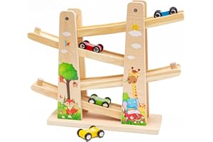 NUKDEY Juguetes de Rampa de Coche de Madera | Tobogán de Coche en Zigzag | Pista de Carreras de Madera con 4 Coches Juguetes para Niños Pequeños Regalo de Juguete Educativo para Niño(Forest)