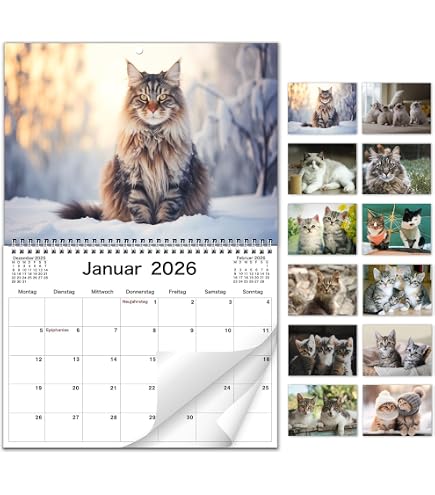 Calendrier Mural 2026 Chat - 12 Mois Illustrés, 29x23 Cm, Organisateur Familial, Cadeau Mignon Pour Amoureux Des Chats - 9