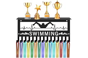 CREATCABIN Présentoir Médailles Natation Étagère,Support Médaille,Support Sport,Crochets en Fer,Décoration Murale,Cintres en Métal,Organisateur pour Suspendre Médailles,Badges Nageur Athene 30x13cm