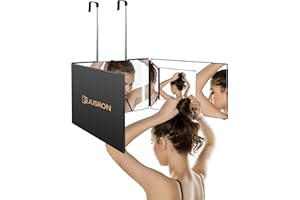 JUSRON 3 Way Mirror with Lights, 360° Mirror for Self Hair Cut, Adjustable Height & Rechargeable Barber Trifold Mirrors&LED Makeup Mirror, DIY Haircut Tool is Good Gift for Men/Women(With LED)