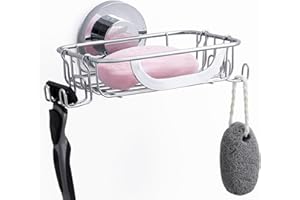 TAILI Suction Soap Dish for Shower with Hooks, Max Hold 5 KG Soap Holder Shower for Bathroom, Wall Mount Sponge Tray, Removable Metal Bathtub Organizer, Drill-Free Sink Holder, Stainless Steel, Silver