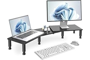 AX WABER Drewniany stojak na 2 monitory z regulowaną wysokością stalową i miejscem do przechowywania, czarny