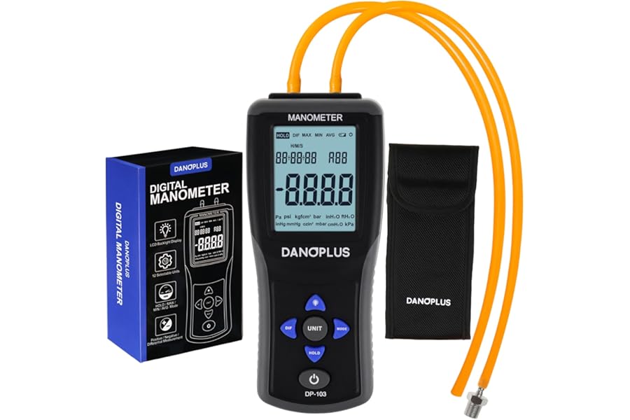 DANOPLUS DP-103 Manometer Digital Gas Pressure Tester Differential Pressure Gauge HVAC Air Pressure Meter with Backlight Data Record Function,Black