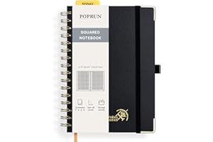 POPRUN Carnet de Notes Carreaux A5 Spirale - Bullet Journal Grille avec 141 Pages Numérotées, Cahier avec Papier 120 g/m², Étiquettes Autocollantes et 8 Feuilles Détachables, Noir-BK