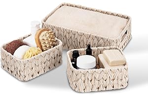 GRANNY SAYS Wicker Storage Baskets, Pack of 3 Wicker Baskets for Shelves, 1 Large Woven Storage Basket and 2 Small Decorative Boxes, Bathroom Counter Organisers, Toilet Basket for Tank Topper, Brown