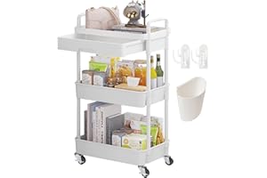 Wuciray Beauty Trolley on Wheels 3 Tier Storage Trolley with Drawer Plastic Beauty Trolleys Rolling Utility Cart Craft Trolleys on Wheels for Home Kitchen Bathroom Laundry Office White